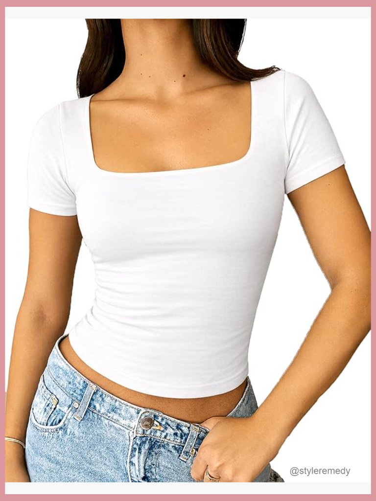 Women's Square Neck Going Out Top Double Lined Short Sleeve Slim Fit T-Shirt
